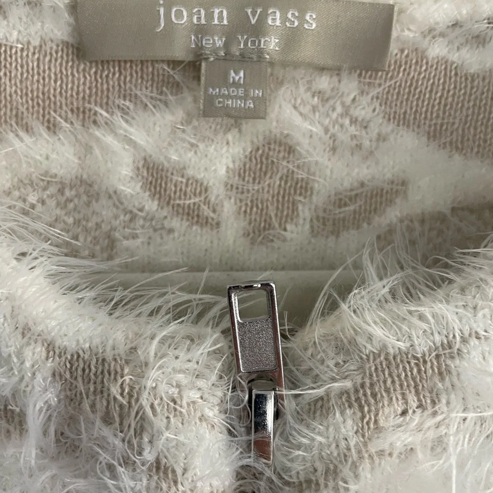 Joan Vass Full Zip Cozy Cardigan Sweater Jacket with White Tan Pattern - Size M